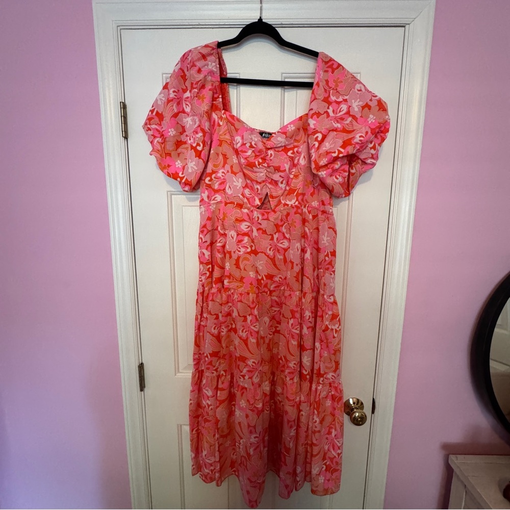 BTBFM Pink Floral Dress with Puff Sleeves